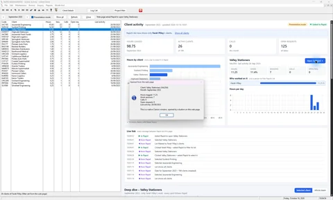 A native Clarion client dialog open over the linked dashboard.