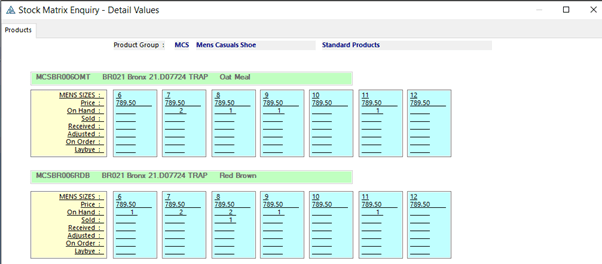 POSibility stock matrix enquiry showing shoe stock by colour and size