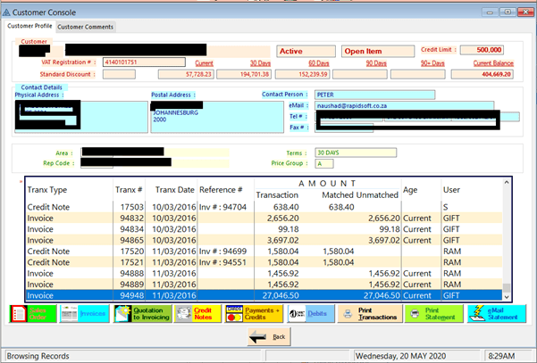 POSibility customer console with account balances and transaction history