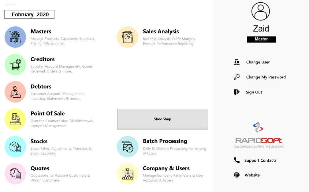 POSibility dashboard with sales, stock, accounts, and company management modules